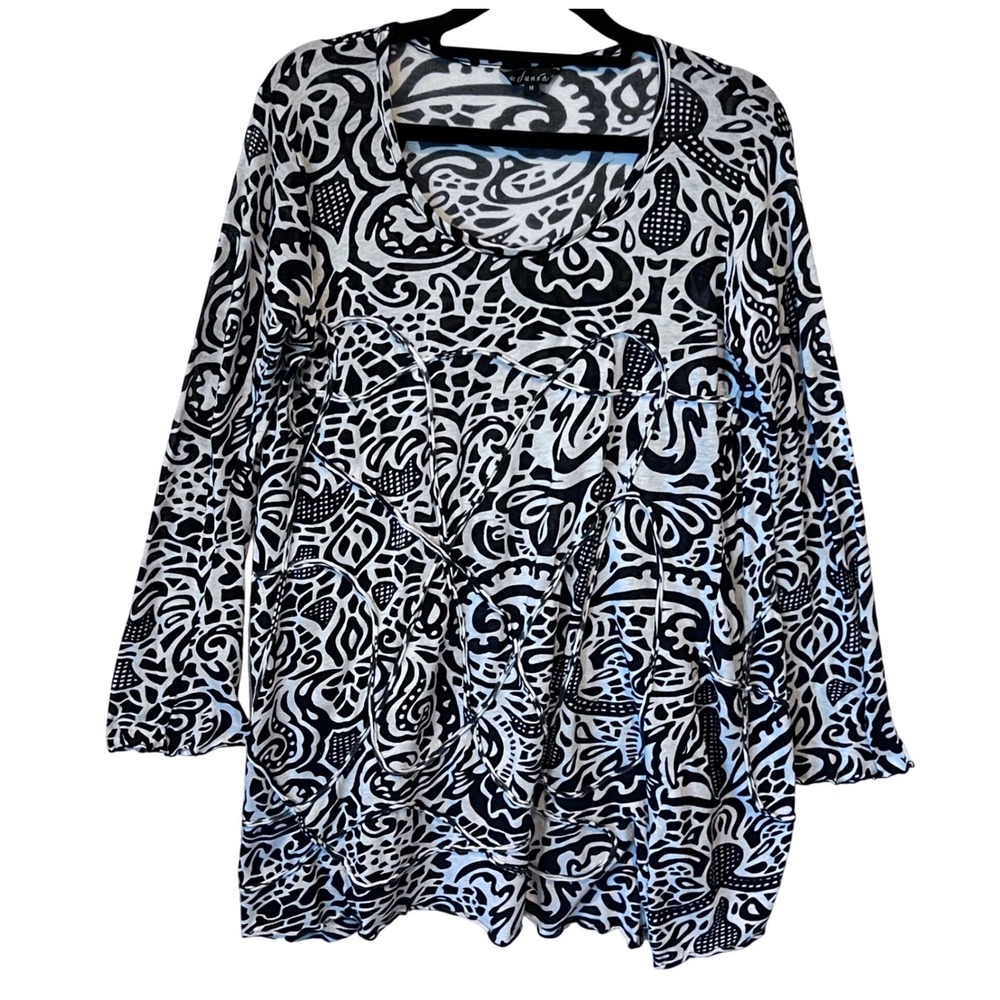 Dunia Lightweight Black White Abstract Print Cotton Tunic Top‎ Long Sleeve M